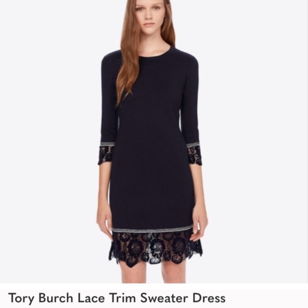 NWT TORY BURCH Navy Blue Merino Wool Sweater Dress w Lace trim